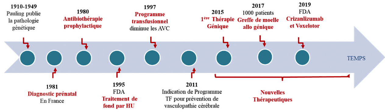 Dates clés des progrès des connaissances de la physiopathologie et des traitements de la drépanocytose.